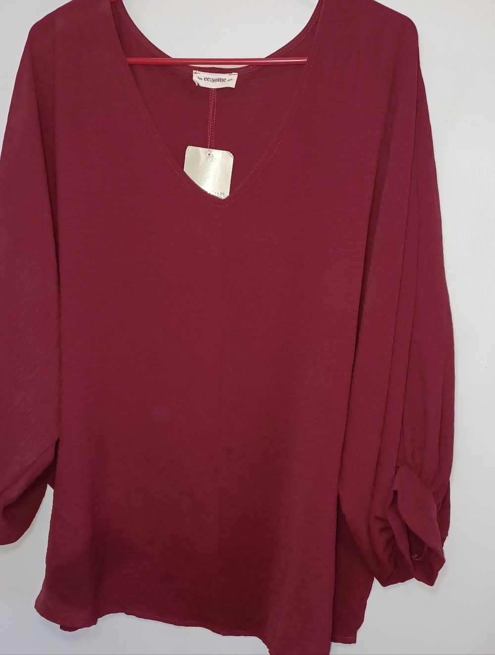 ee:some Women's Burgundy 3/4 Sleeve V Neck Blouse Semi Sheer Chifon Material